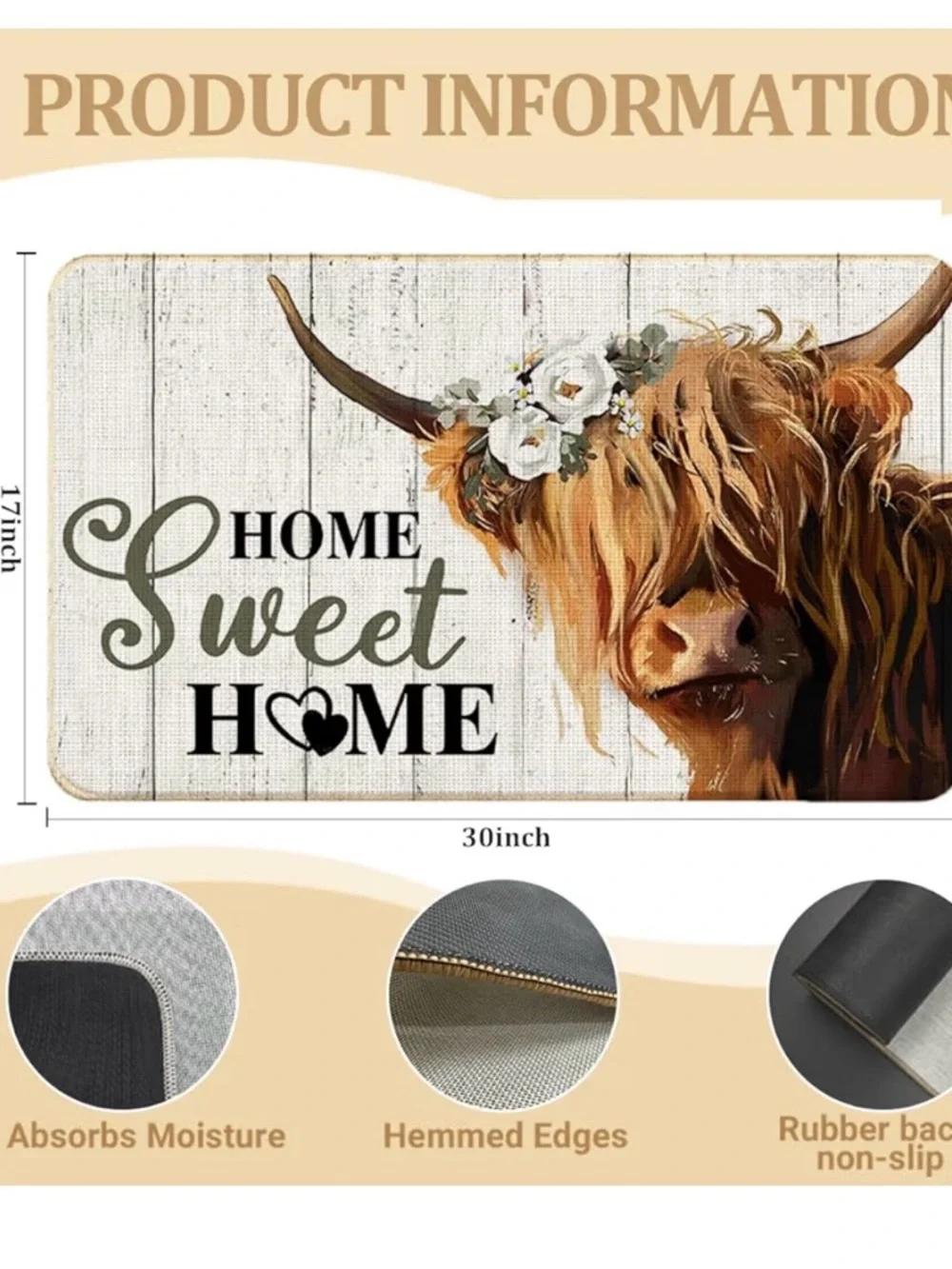 Home Sweet Home Door mat Highland Cow Floral